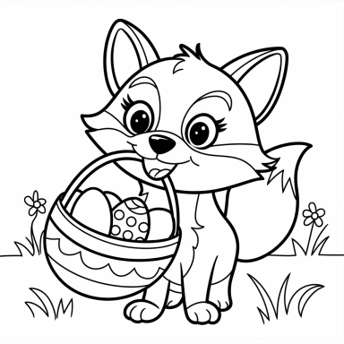 Fuchs mit einem Korb voller bemalter Eier, umgeben von Blumen.