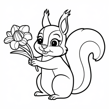 Ein niedliches Eichhörnchen hält eine Blume in seinen Vorderpfoten.